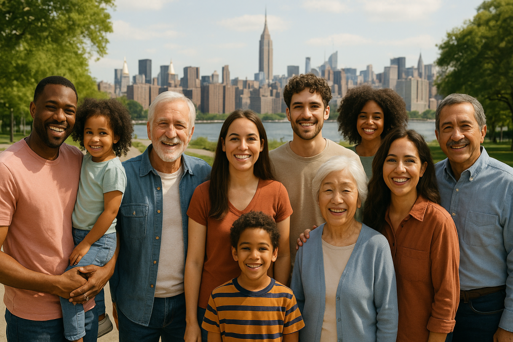 Diverse immigrant families standing together in New York City