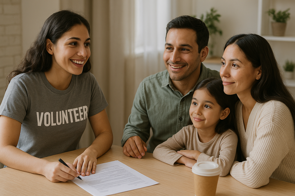 A volunteer assisting immigrant family with paperwork and resources
