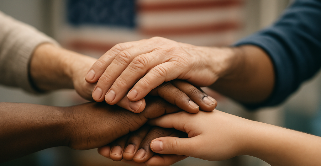 Hands of different people joining together in unity